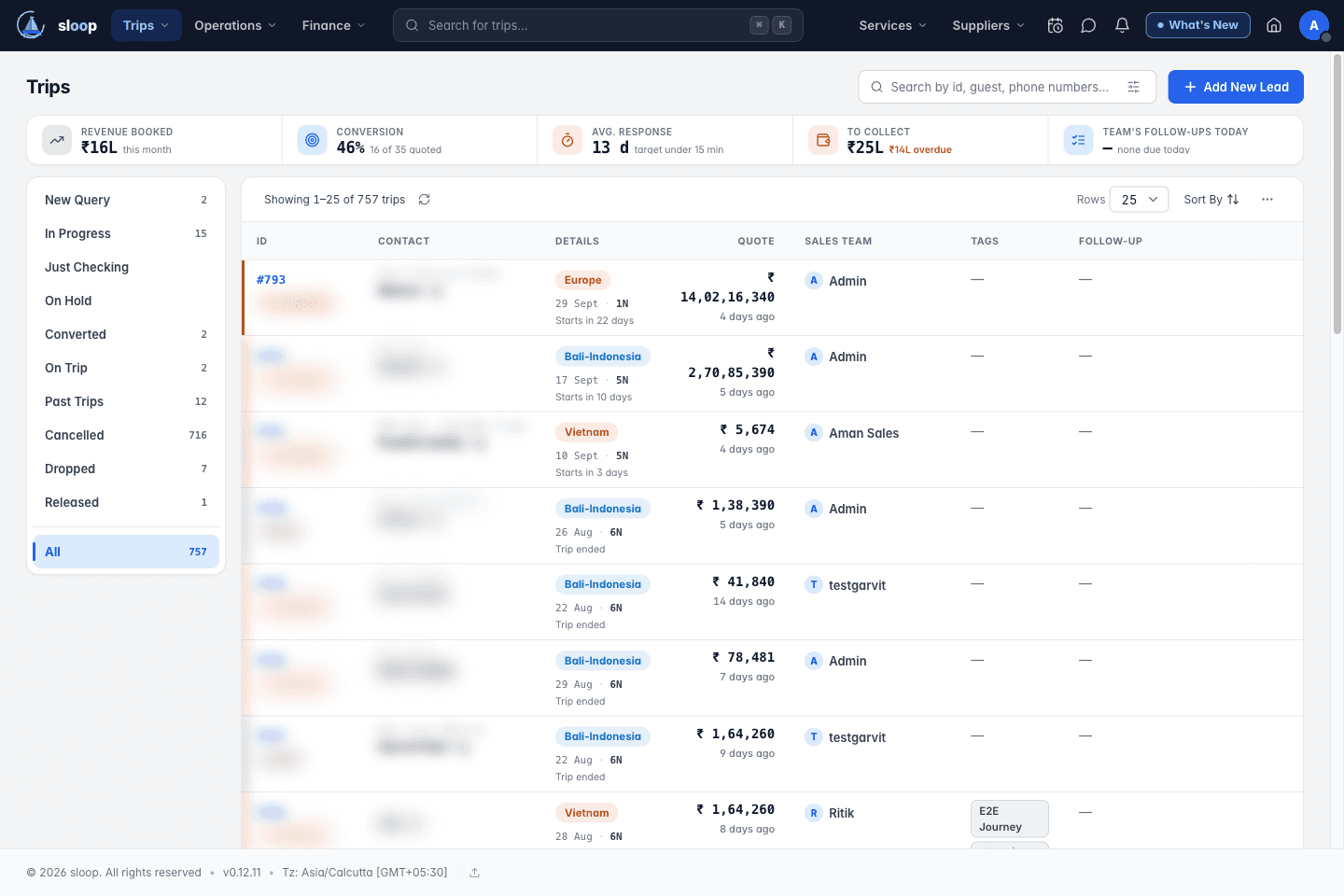 Sloop — the connected travel workspace: leads, quotes, bookings and payments